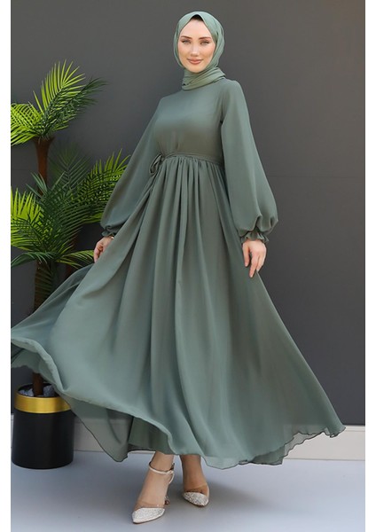 Nare Tesettür Şifon Elbise Gri