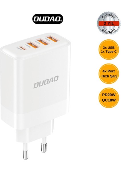 A5HEU - Hızlı Şarj Adaptörü 3 Adet USB (Qc 18W) ve 1 Adet Type-C (Pd 20W) Akıllı Çip