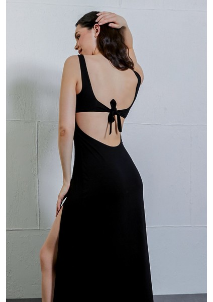 Sırt Dekolteli Yırtmaçlı Viskon Midi Elbise fiyatları