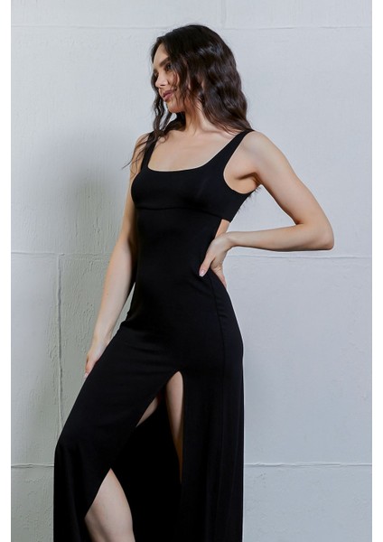 Sırt Dekolteli Yırtmaçlı Viskon Midi Elbise modelleri