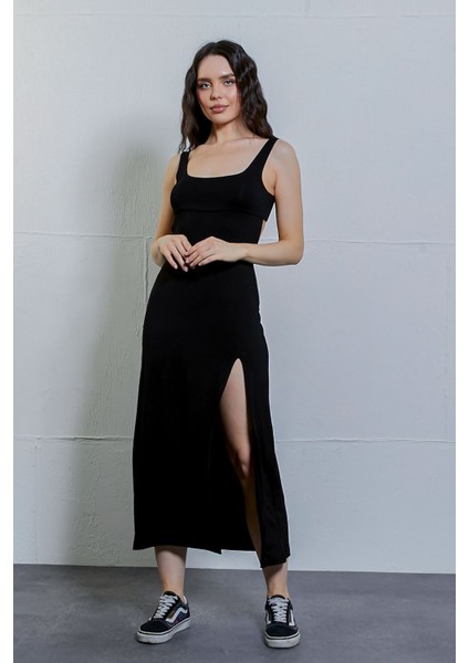 Sırt Dekolteli Yırtmaçlı Viskon Midi Elbise fırsatları