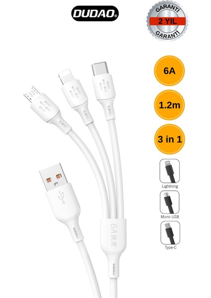 L8A - 66W Süper Hızlı Şarj 3'ü 1 Arada 1.2m Şarj Kablosu Lightning, Micro USB ve Type-C Data