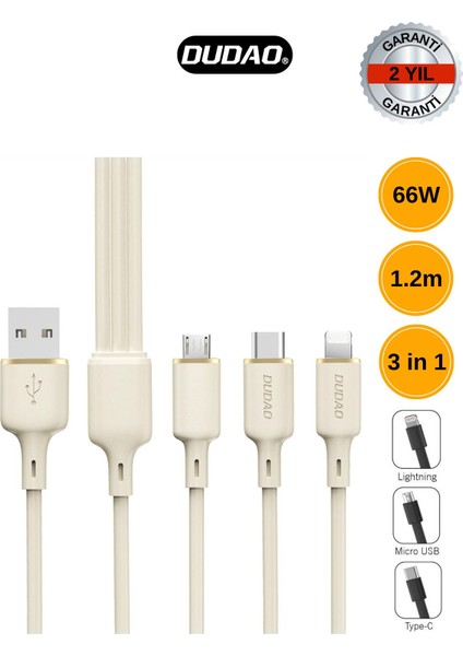 L7SE - 66W Süper Hızlı Şarj Kablosu 3'ü 1 Arada 1.2m Lightning, Micro USB ve Type-C ve Data