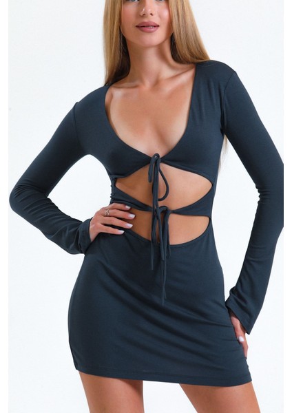 Antrasit Pencere/cut Out Dekolteli Mini Elbise modelleri