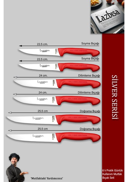 Silver Serisi Mutfak Bıçak Seti Et Ekmek Sebze Meyve Bıçağı 6 Lı Set Günlük Kullanım ( Mtf-210)