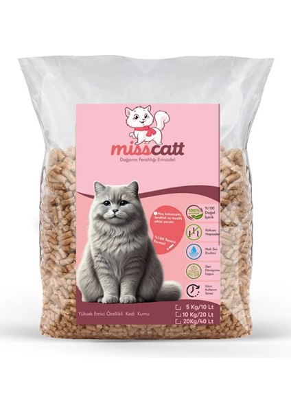 MissCatt %100 Doğal Pelet Kedi Kumu 20 lt/10 kg, Doğal, Kokusuz, Çam Peleti