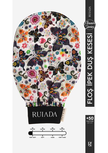 Flowers Series +50 Factor %100 Floş ipek İnce Banyo Duş Kesesi Peeling Eldiveni (BUTTERFLY)