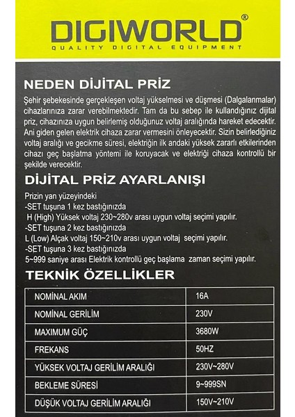 Digital Voltaj Ayarlı Priz Tekli 150/280V 4000W