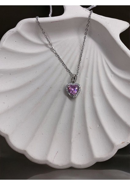 Pembe Kalp Detaylı Silver Kolye Sevgiliye Hediye