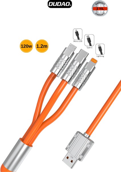 L24E - 120W Hızlı Şarj Kablosu Sağlam Metal Uçlu 3'lü ( Lightning / Micro USB / Type-C )