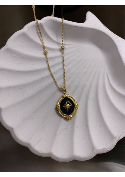 Vintage Dikdörtgen Plaka Kadın Çelik Gold Kolye