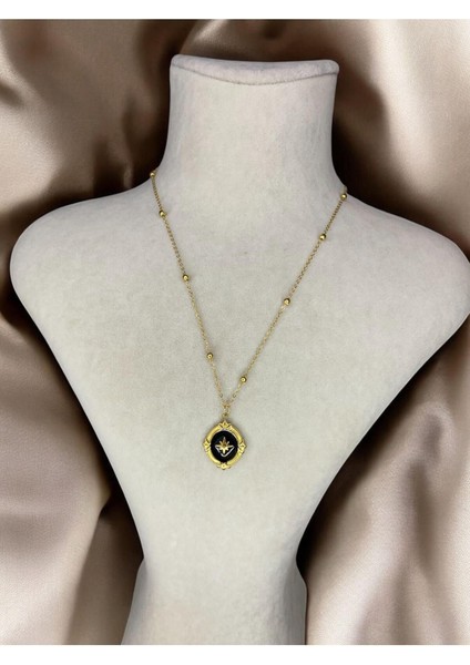 Vintage Dikdörtgen Plaka Kadın Çelik Gold Kolye modelleri