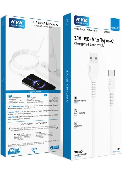 3.1A Usb-A Type-C Şarj Kablosu