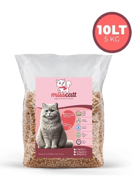 MissCatt %100 Doğal Pelet Kedi Kumu 10 lt/5 kg, Doğal, Kokusuz Çam Peleti