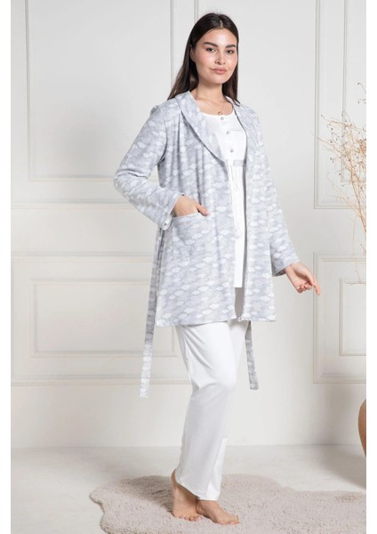 Şardonlu, Sabahlıklı Hamile & Lohusa Pijama Takımı, %75 Pamuk %20 Viskon %5 Likra
