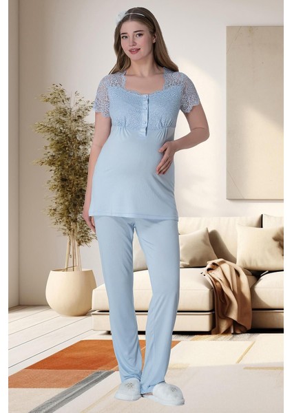 Viskon Pamuklu, Omuzu Dantelli, Kısa Kollı, Hamile Lohusa Pijama Takımı