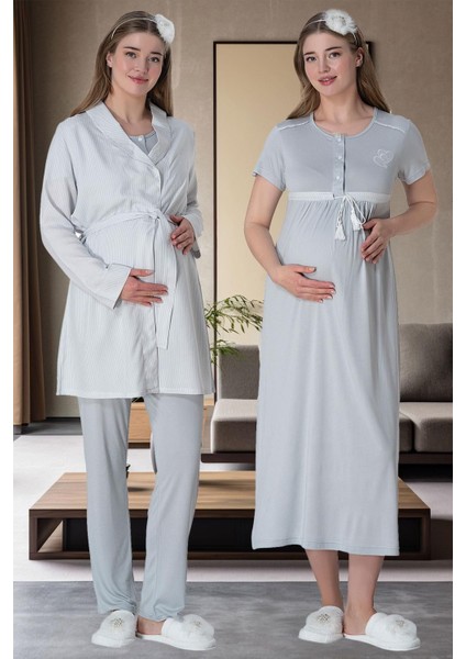 Viskon & Likralı, Lohusa Seti, 4'lü Gecelik & Sabahlık Hamile Pijama Takımı Gri
