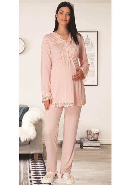 Pamuklu Emzirme Bölmeli Pijama Altı Lastik Ayarlı Hamile - Lohusa Sabahlıklı Pijama Takımı