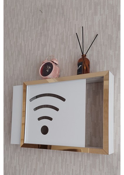 Beyaz-Gold 30 x 40 x 7 cm Wifi Amblemli Duvara Asılabilir Sigorta ve Modem-Wifi Saklama Kutusu! Saklama Kutusu