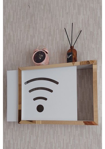 Beyaz-Gold 30 x 40 x 7 cm Wifi Amblemli Duvara Asılabilir Sigorta ve Modem-Wifi Saklama Kutusu! Saklama Kutusu