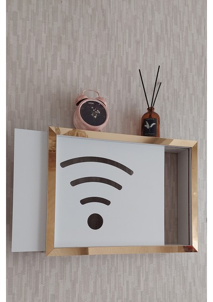 Beyaz-Gold 30 x 40 x 7 cm Wifi Amblemli Duvara Asılabilir Sigorta ve Modem-Wifi Saklama Kutusu! Saklama Kutusu