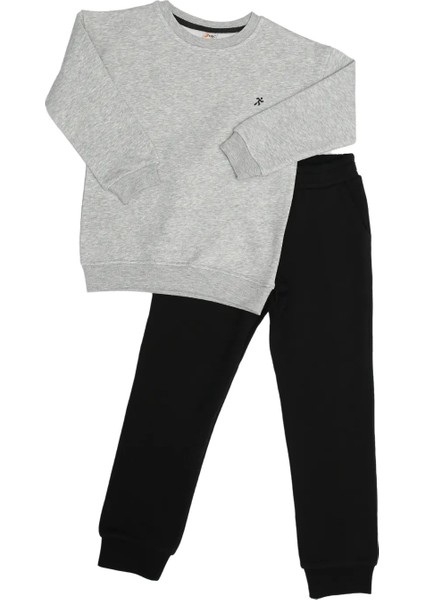 Erkek Çocuk Eşofman Takımı 2'li Takım Uzun Kollu Bisiklet Yakalı Düz Siyah - Gri
