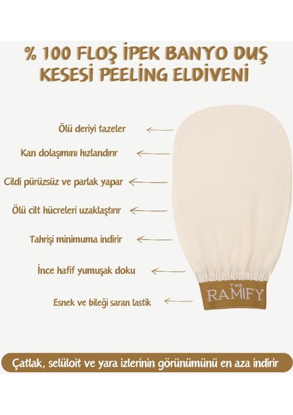 Ekru %100 Floş İpek Banyo Duş Kesesi Peeling Eldiveni Hassas Ciltlere Özel