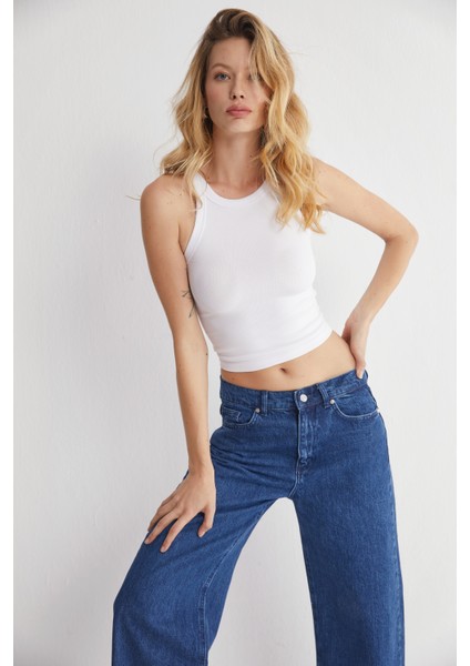 Yüksek Bel Geniş Paça Denim Jeans fırsatları