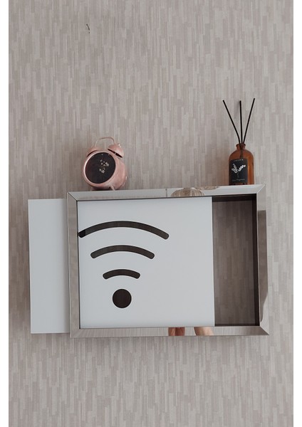 Siyah-Gümüş 30 x 40 x 7 cm Wifi Amblemli Duvara Asılabilir Sigorta ve Modem-Wifi Saklama Kutusu! Saklama Kutusu