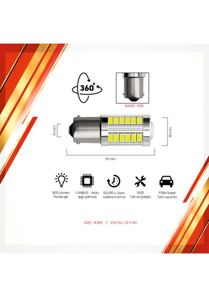 Tek Duy 33 led Mercekli Beyaz Stop Sinyal Geri Vites Led
