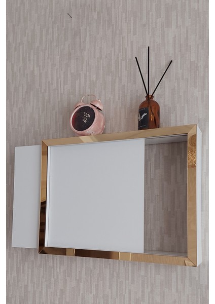 Beyaz-Gold 30 x 40 x 7 cm Düz Kapaklı Duvara Asılabilir Sigorta ve Modem-Wifi Saklama Kutusu! Saklama Kutusu