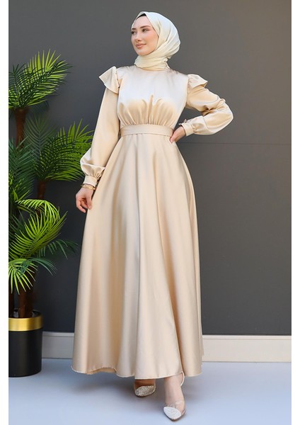 Omuz Detay Elbise Krem