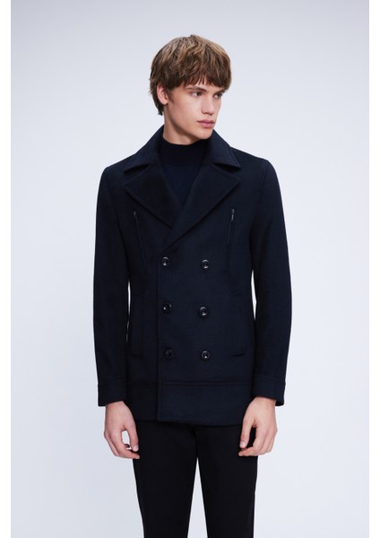 Lacivert Slim Fit Düz Kruvaze Yünlü Kaşe Kaban