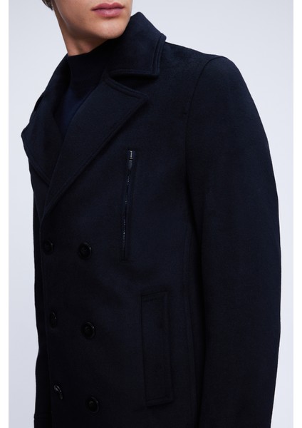 Lacivert Slim Fit Düz Kruvaze Yünlü Kaşe Kaban modelleri