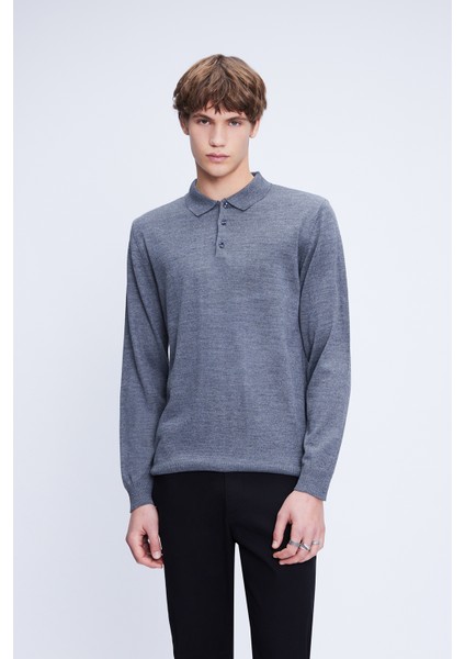 Gri Regular Fit Düz Polo Yaka Yünlü Triko Kazak