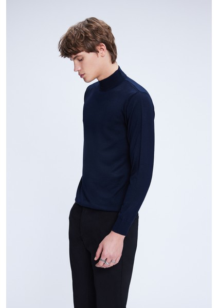 Lacivert Regular Fit Düz Yarım Balıkçı Yaka Yünlü Triko Kazak modelleri