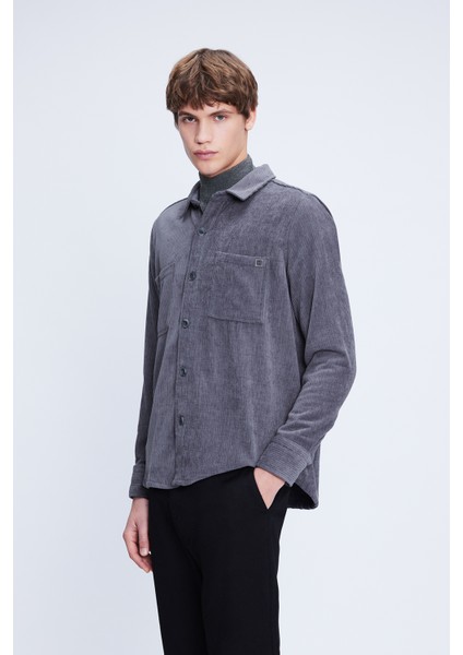 Gri Shacket Comfort Fit Uzun Kol Fitilli Kadife Gömlek