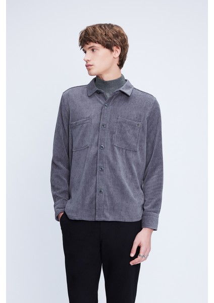 Gri Shacket Comfort Fit Uzun Kol Fitilli Kadife Gömlek modelleri