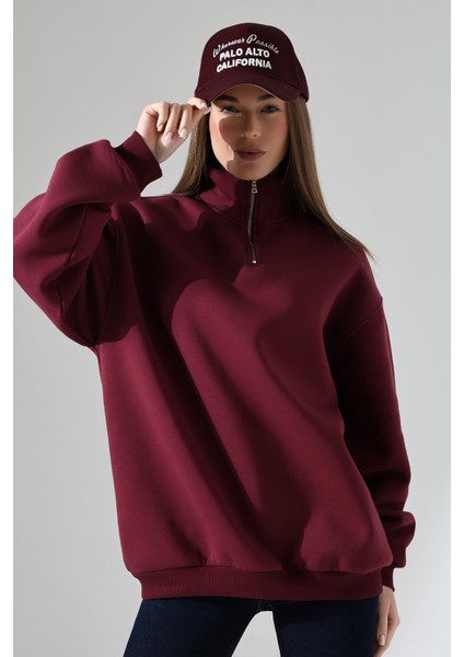Şardonlu Yarım Fermuarlı Oversize Sweatshirt 21622 Bordo