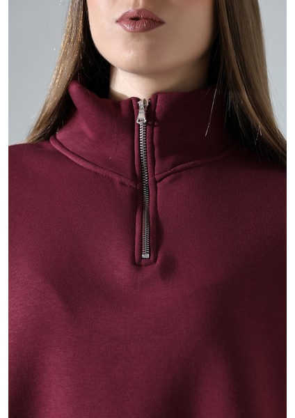 Şardonlu Yarım Fermuarlı Oversize Sweatshirt 21622 Bordo fiyatları