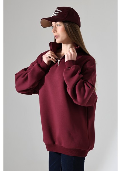 Şardonlu Yarım Fermuarlı Oversize Sweatshirt 21622 Bordo modelleri