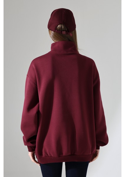 Şardonlu Yarım Fermuarlı Oversize Sweatshirt 21622 Bordo fırsatları