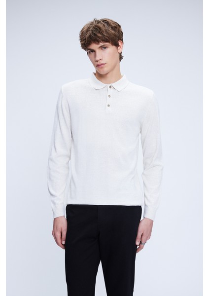 Bej Regular Fit Düz Polo Yaka Yünlü Triko Kazak