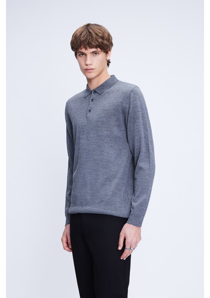 Gri Regular Fit Düz Polo Yaka Yünlü Triko Kazak modelleri