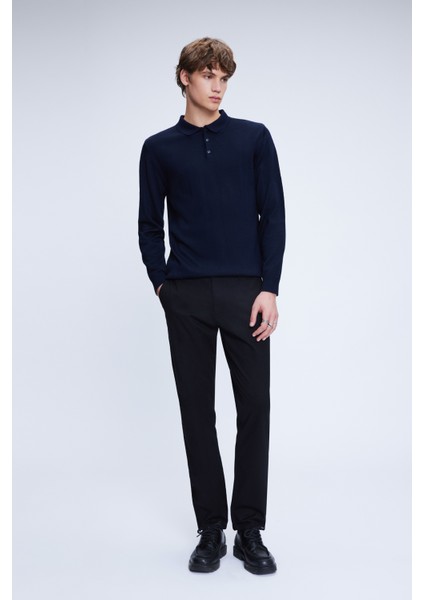 Lacivert Regular Fit Düz Polo Yaka Yünlü Triko Kazak fiyatları