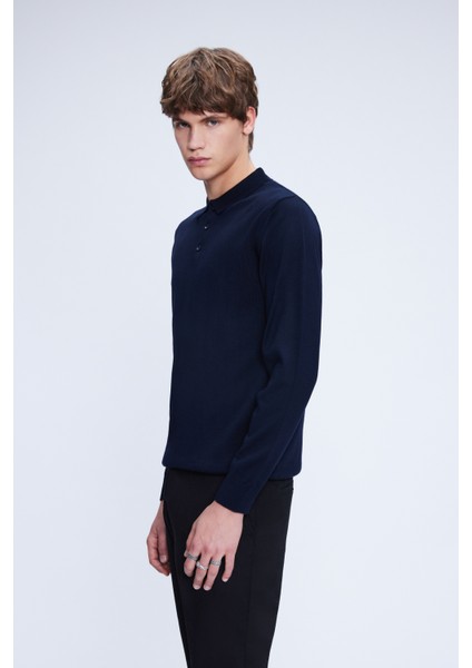Lacivert Regular Fit Düz Polo Yaka Yünlü Triko Kazak modelleri