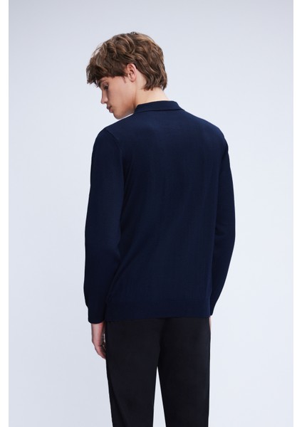 Lacivert Regular Fit Düz Polo Yaka Yünlü Triko Kazak indirimleri