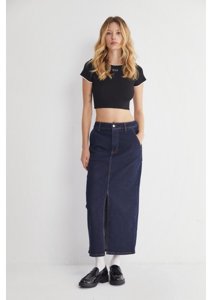 Yüksek Bel Yırtmaçlı Midi Jeans Etek