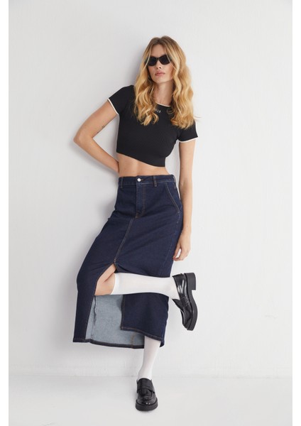 Yüksek Bel Yırtmaçlı Midi Jeans Etek modelleri