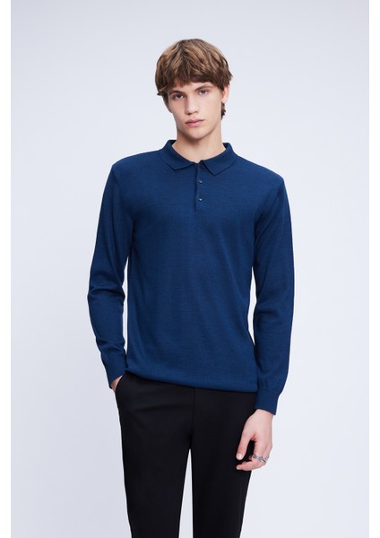Indigo Regular Fit Düz Polo Yaka Yünlü Triko Kazak